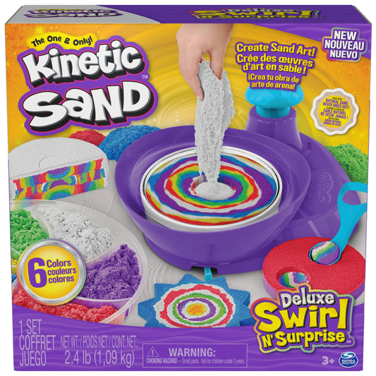 Kinetic Sand, Deluxe Swirl N’ Surprise Playset, 2.5lbs of Play Sand (Red, Blue, Green, Yellow, White and Purple) & 4 Tools, Easter Basket Stuffers