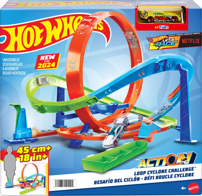 Hot Wheels Toy Car Track Set, Action Loop Cyclone Challenge Playset & 1:64 Scale Vehicle, 2 Ways to Play, Easy Storage