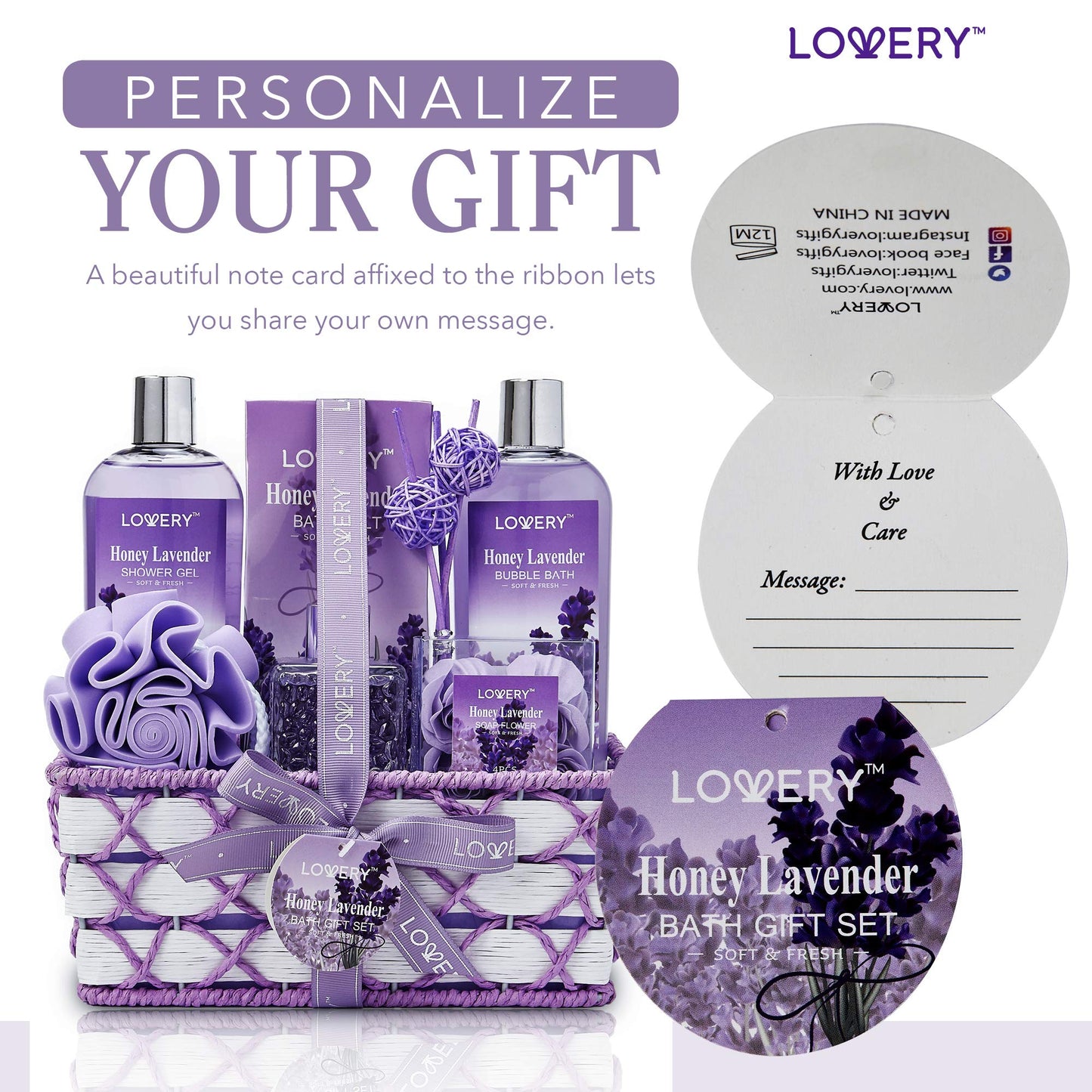 Christmas Gifts, Bath and Body Gift Basket For Women and Men, Honey Lavender Home Spa Set with Essential Oil Diffuser, Soap Flowers, Bath Salts, Bubble Bath and More - 13 Pc Set Presents for Mom