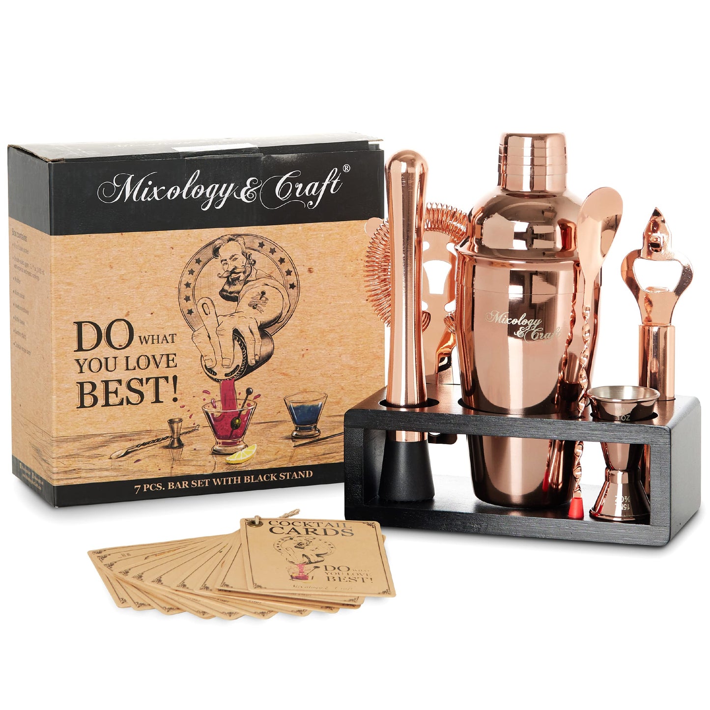 Mixology & Craft Bartender Kit - 8 Piece Stainless Steel Martini Cocktail Shaker Set with Stand for Home Bar, Perfect for Drink Mixing at Home, Plus Exclusive Recipe Cards