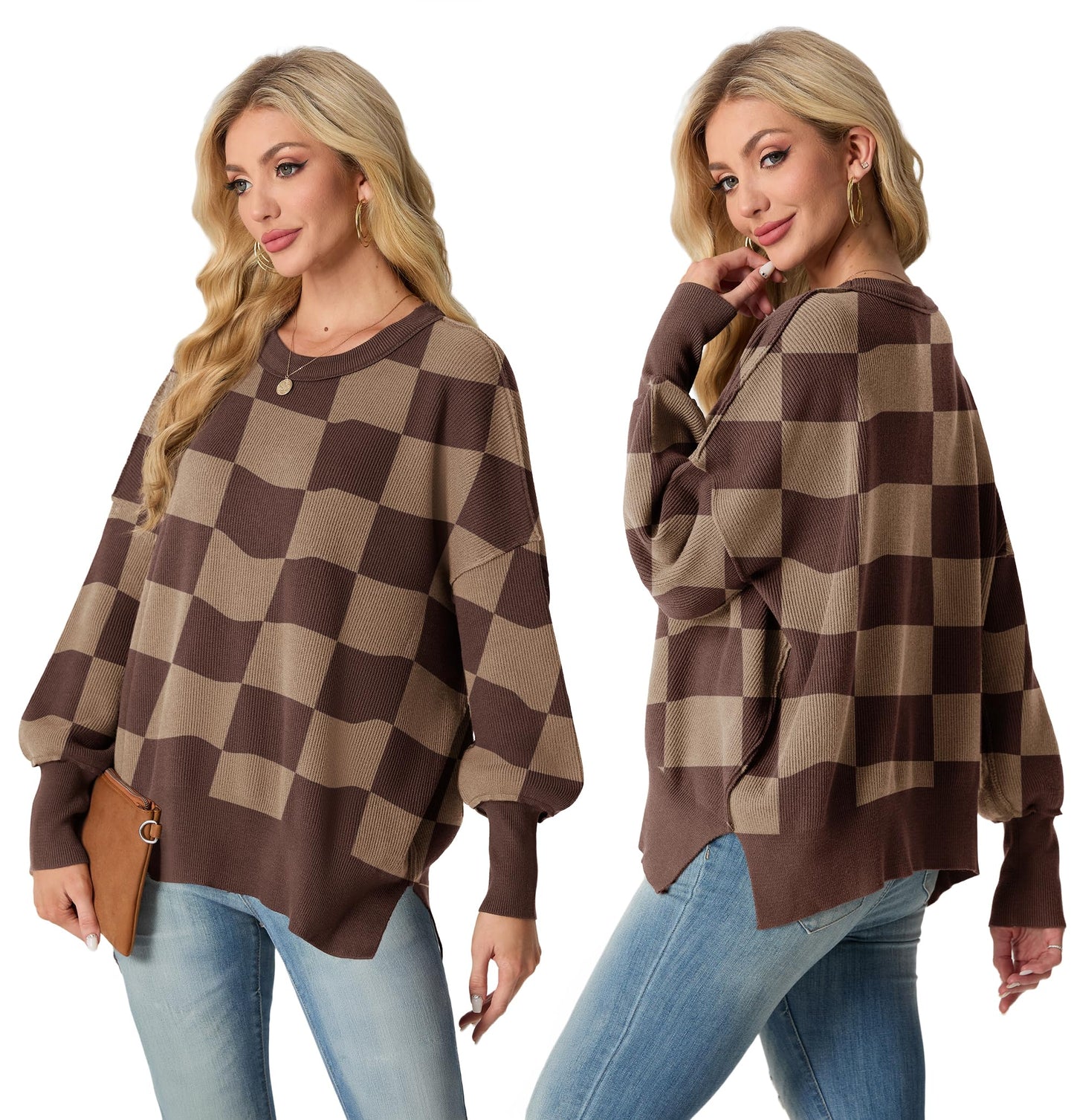 Women's Fall Fashion 2024 Casual Long Sleeve Crew Neck Side Slit Oversized Ribbed Knit Pullover Sweater Tops