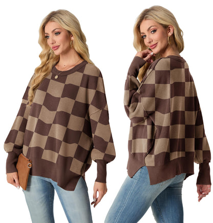 Women's Fall Fashion 2024 Casual Long Sleeve Crew Neck Side Slit Oversized Ribbed Knit Pullover Sweater Tops