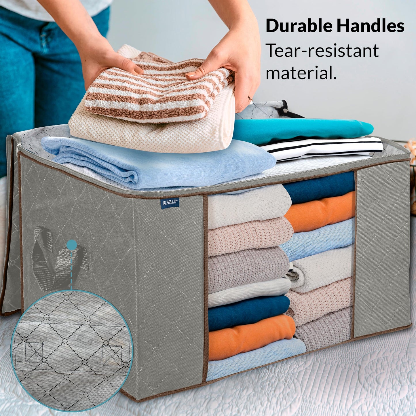 Royale Large Capacity 4 Pack Clothes Storage Bag Organizer with Strong Handle - 90L Fabric Bag- Zipper Closure - Storage Container for Organizing Bedroom, Closet, Clothing, Comforter with Clear Window