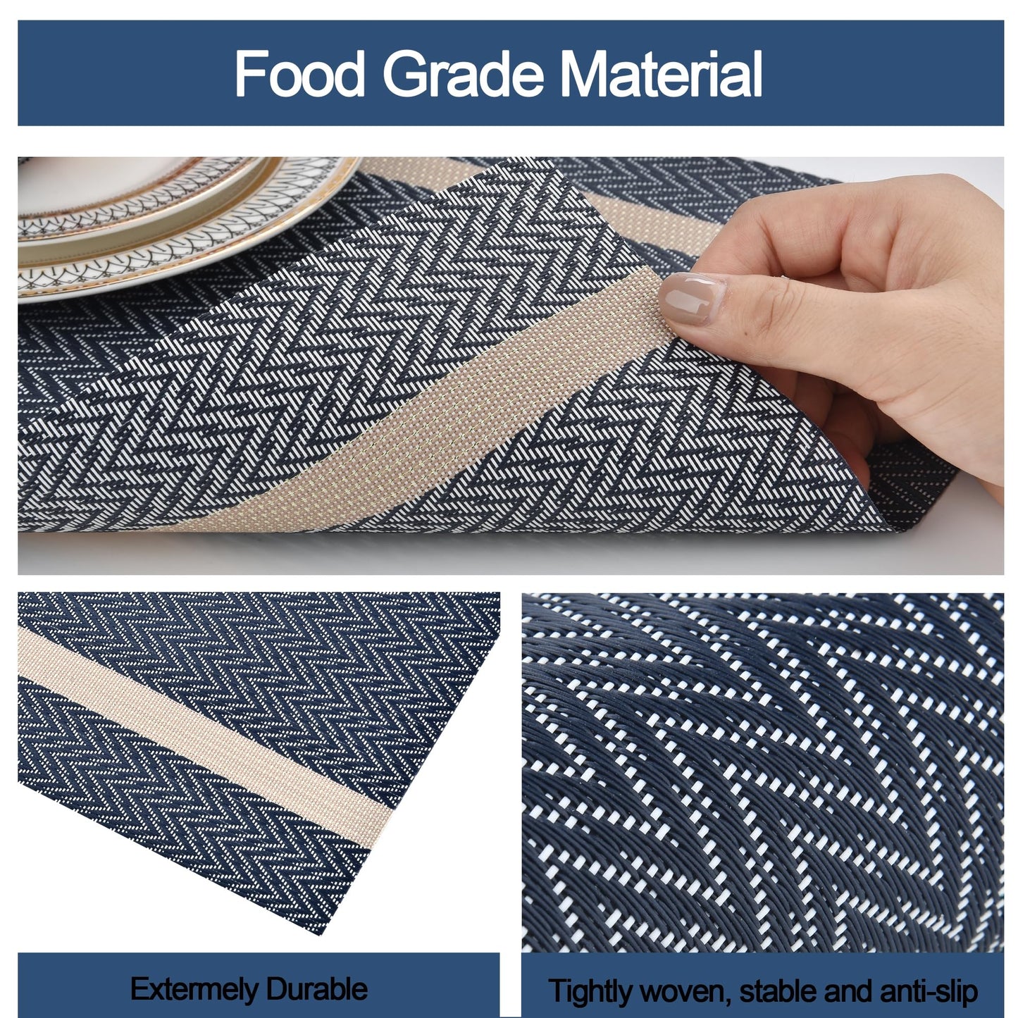 SLKQG Blue Placemats Set of 4 - Easy Clean Modern Durable Washable Vinyl Place Mats - Heat Resistant Placemats for Kitchen Table - PVC Table Mats for Dining Table (Blue with Stripes, 4)