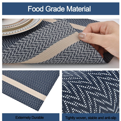 SLKQG Blue Placemats Set of 4 - Easy Clean Modern Durable Washable Vinyl Place Mats - Heat Resistant Placemats for Kitchen Table - PVC Table Mats for Dining Table (Blue with Stripes, 4)