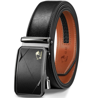 RYNEOCES Ratchet Belt for Men, 1 3/8" Genuine Leather Belt with Sliding Adjustable Buckle, Men's pants shirt belt, Elegant Gift Box (Black2444-1, 28-34 Waist Adjustable)