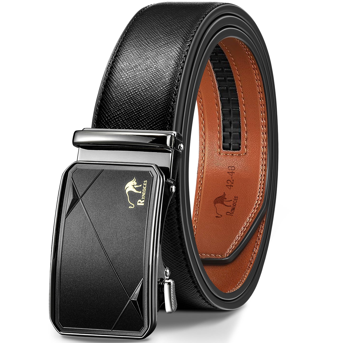 RYNEOCES Ratchet Belt for Men, 1 3/8" Genuine Leather Belt with Sliding Adjustable Buckle, Men's pants shirt belt, Elegant Gift Box (Black2444-1, 32-38 Waist Adjustable)