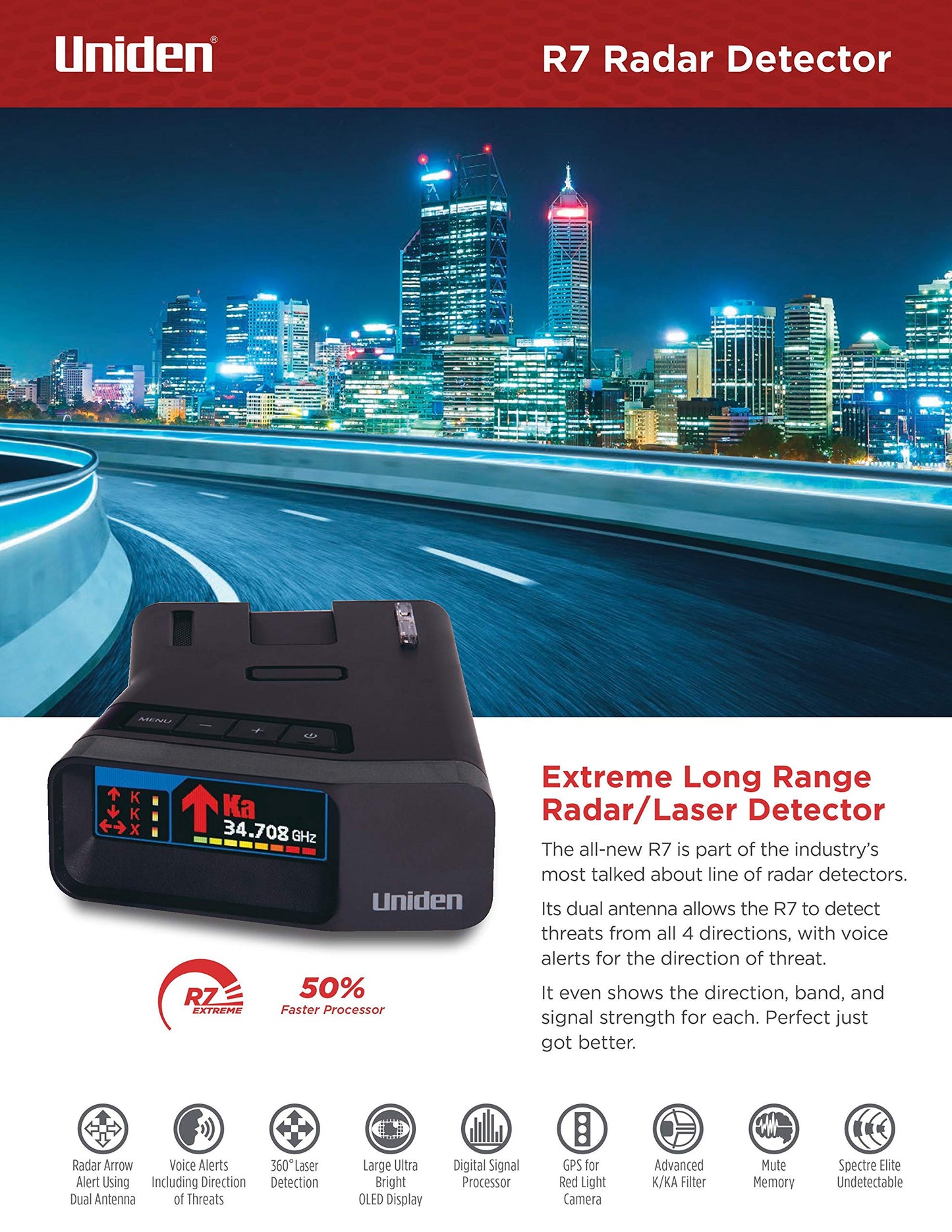 Uniden R7 EXTREME LONG RANGE Laser/Radar Detector, Built-in GPS, Real-Time Alerts, Dual-Antennas Front & Rear w/Directional Arrows, Voice Alerts, Red Light and Speed Camera Alerts