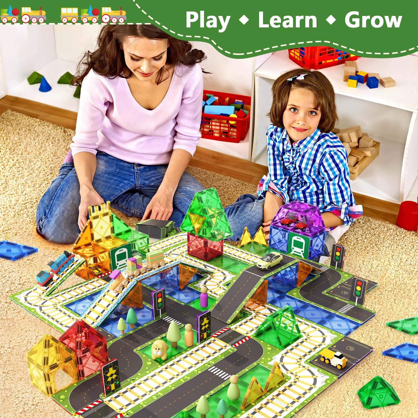 90PCS Magnetic Tile Road Toppers Playset for Kids
