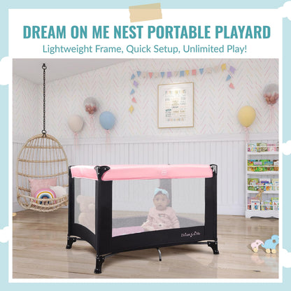 Dream On Me Nest Portable Playard in Pink with Carrybag an Shoulder Strap, Lightweight, Packable and Easy Setup Baby Playard, Breathable Mesh Sides and Soft Fabric - Comes with a Removable Padded Mat