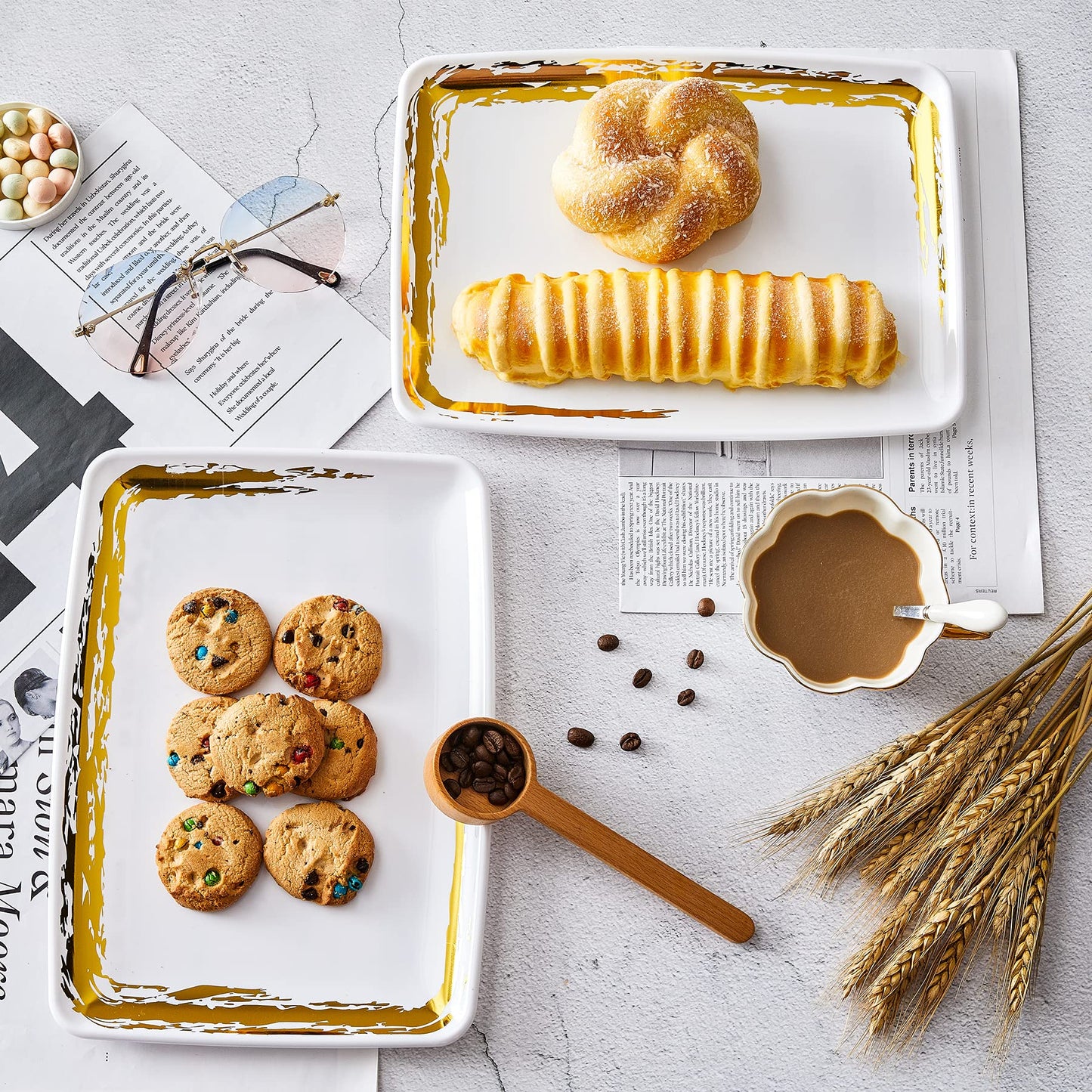 N9R 6 Pack White Plastic Serving Trays with Gold Rim- 11“ x 8“ Rectangle Serving Platters - Tray Decor, Food Tray, Serving Trays for Party