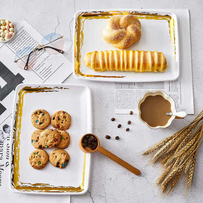 N9R 6 Pack White Plastic Serving Trays with Gold Rim- 11“ x 8“ Rectangle Serving Platters - Tray Decor, Food Tray, Serving Trays for Party