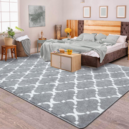 QXKAKA Soft Shag Modern Geometric Grey 4x6 Area Rugs for Living Room Bedroom, Machine Washable Memory Foam Carpet, Large Fluffy Rug for Kids Girls Nursery Dorm Home Decor, Light Gray