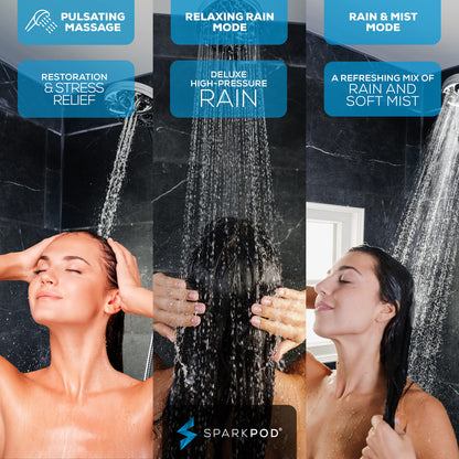 SparkPod Rain Showerhead with 8 Spray Settings - High Pressure Shower Head with Flow Restrictor - 5" High Flow Luxury Shower Heads with Anti-Clog Silicone Nozzles - 1 Minute Installation (Gold)