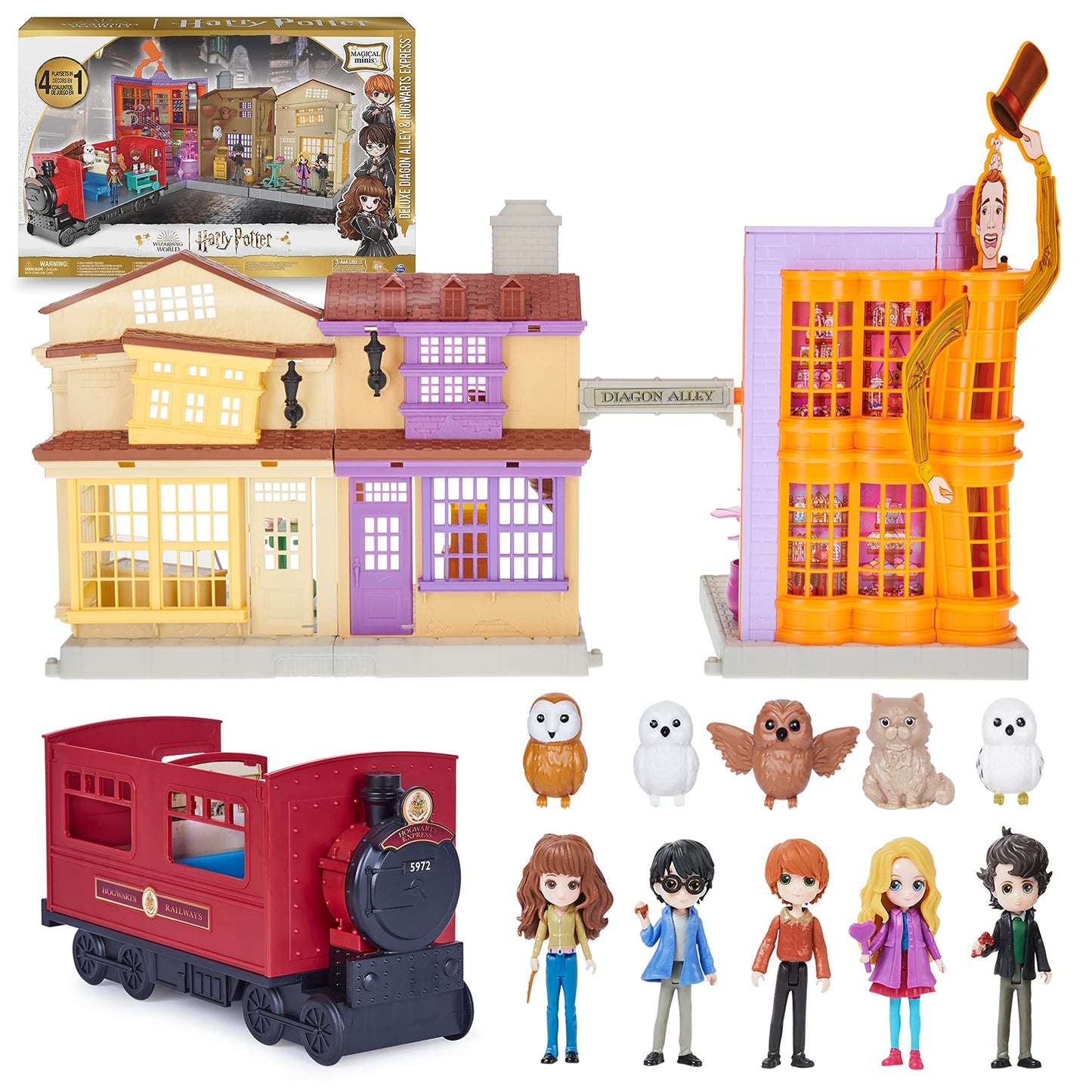 Wizarding World Harry Potter, Amazon Exclusive Deluxe Diagon Alley & Hogwarts Express, 4 Playsets in 1 with Lights & Sounds, 5 Figures, 33 Accessories