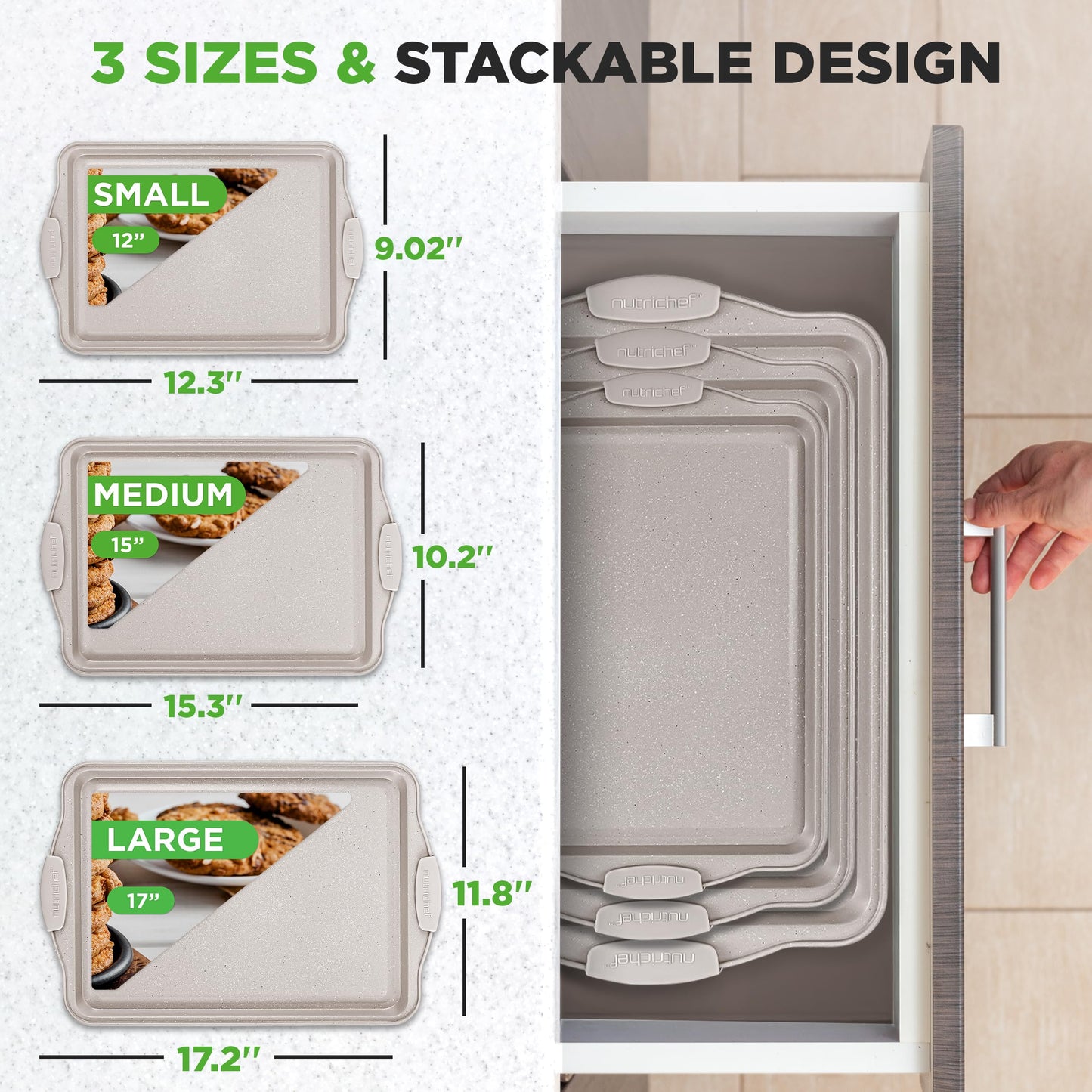 NutriChef 3 Piece Nonstick Cookie Sheets for Baking - Premium Carbon Steel Baking Pans with Black Silicone Handles - Even Heat Distribution, PFOA/PFOS/PTFE Free, Easy to Clean - Cream Marble, NCBKT3CM