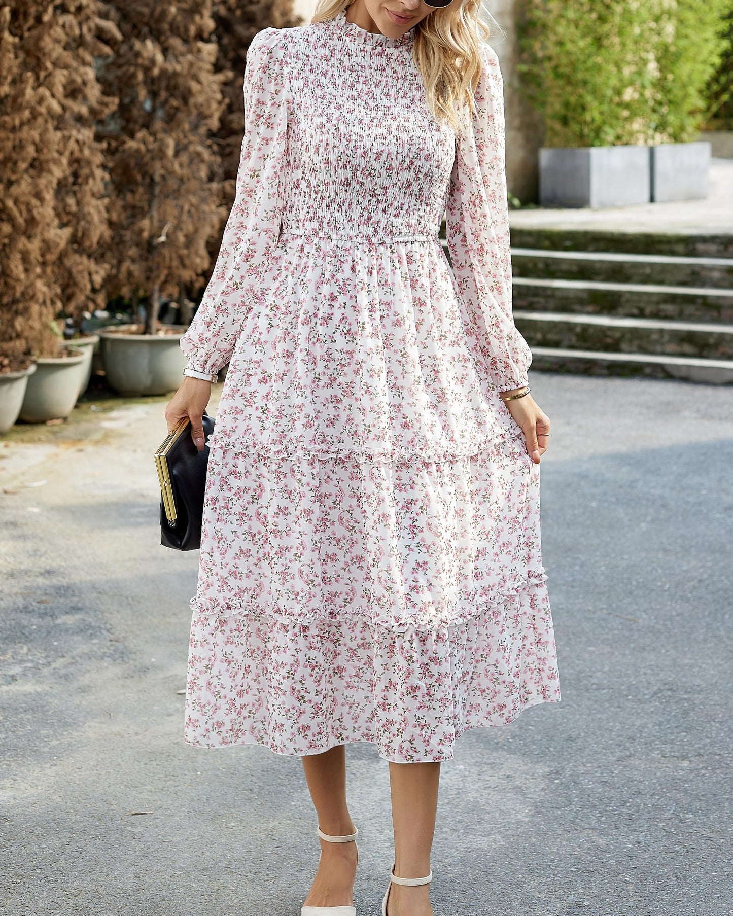NOLLSOM Women 2025 Fall Dress Floral Casual Long Sleeve Crew Neck Ruffle A-Line Flowy Floral Boho Wedding Guest Maxi Dresses(White Pink Flower,XX-Large)