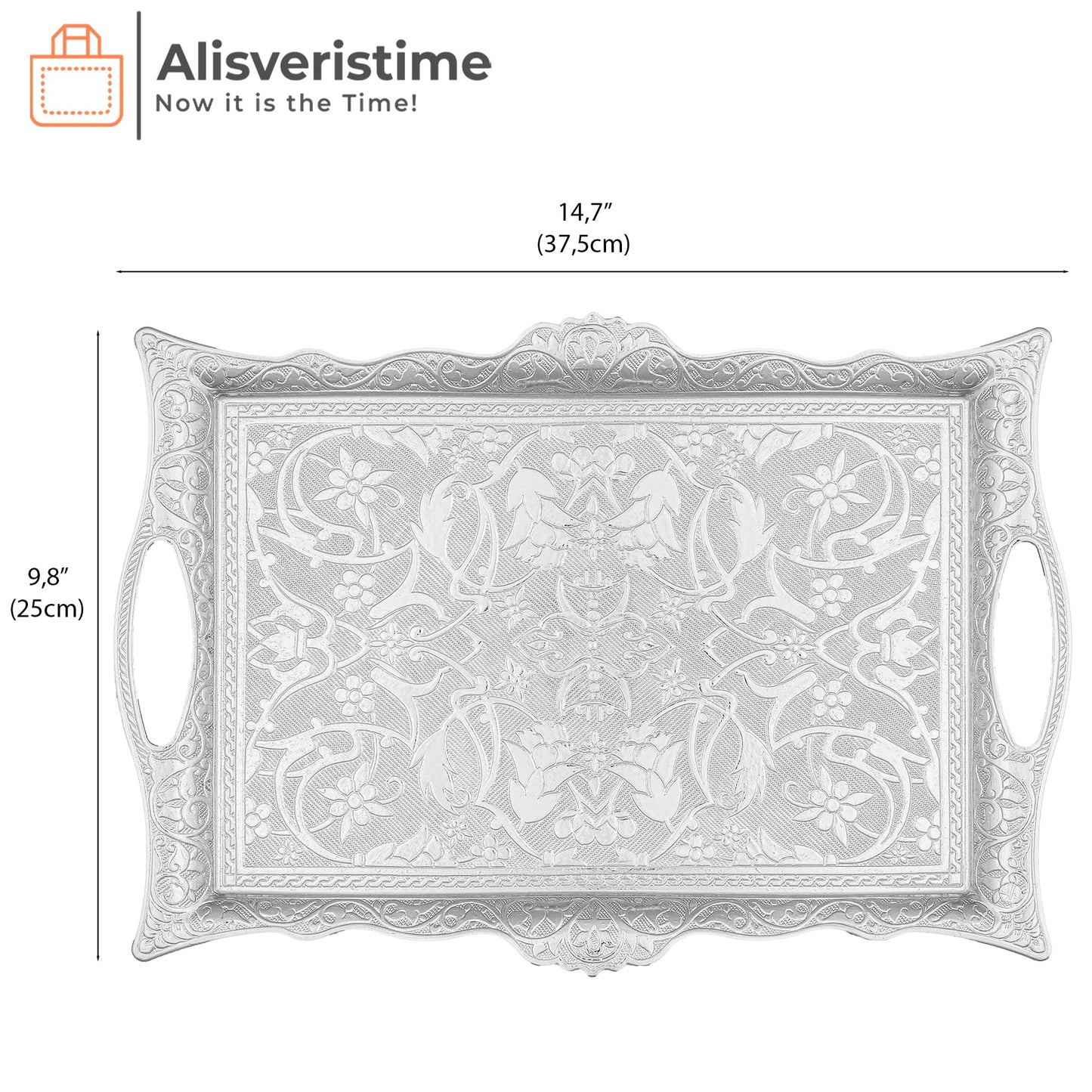 Alisveristime Ottoman Turkish Zamak Serving Tray with Traditional Motifs, Ideal for Coffee and Tea - Six Person Tray (14.5 x 9.85 in) (Silver)