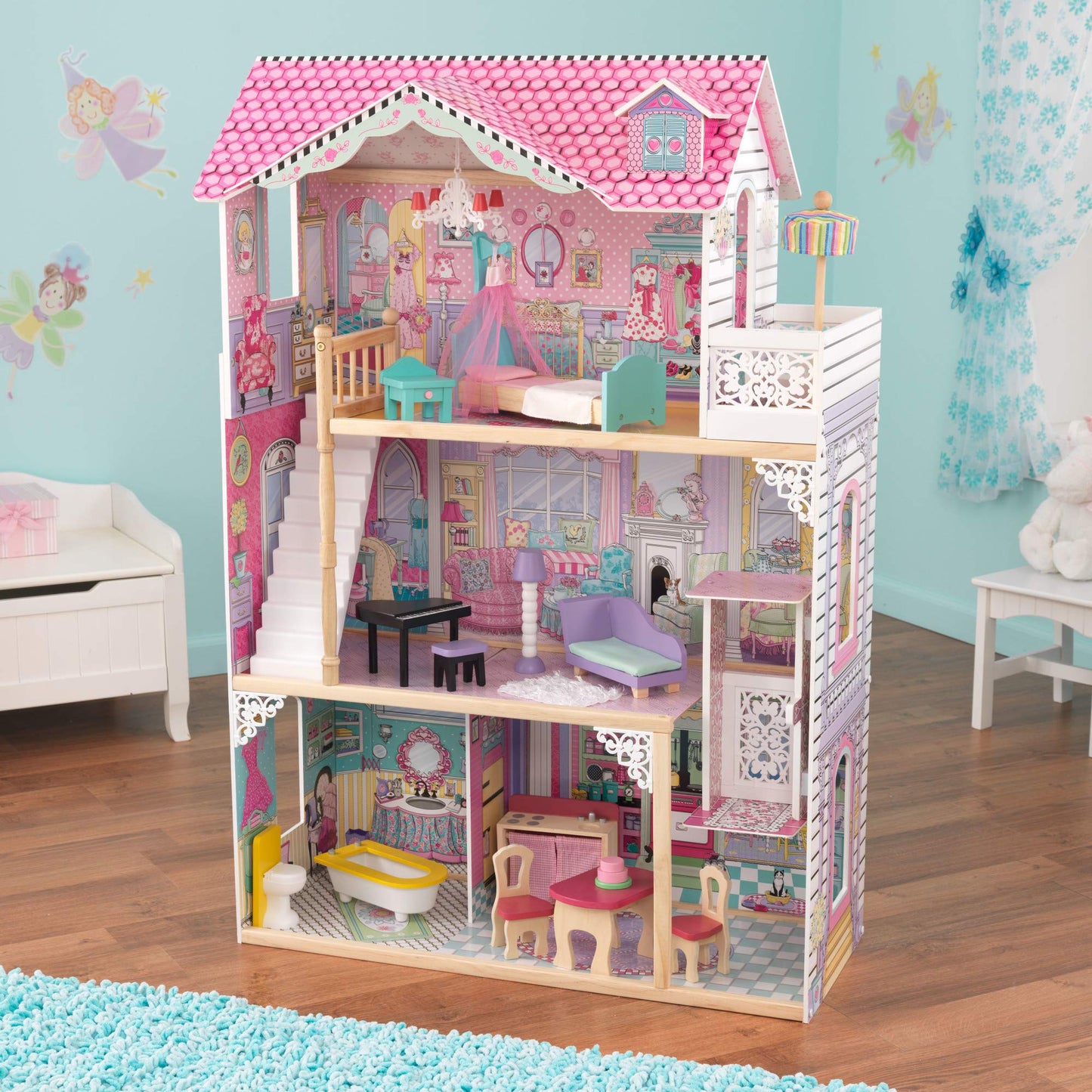 KidKraft Annabelle Wooden Dollhouse with Elevator, Balcony and 17 Accessories, Gift for Ages 3+