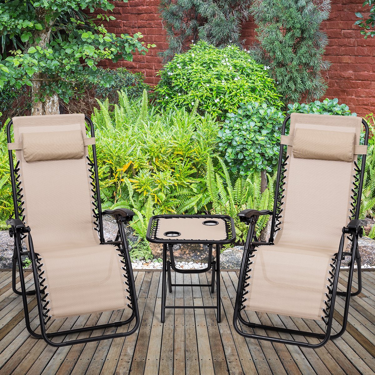 Giantex 3 PCS Zero Gravity Chair Patio Chaise Lounge Chairs Outdoor Yard Pool Recliner Folding Lounge Table Chair Set Backyard Lounge Chairs (Beige)