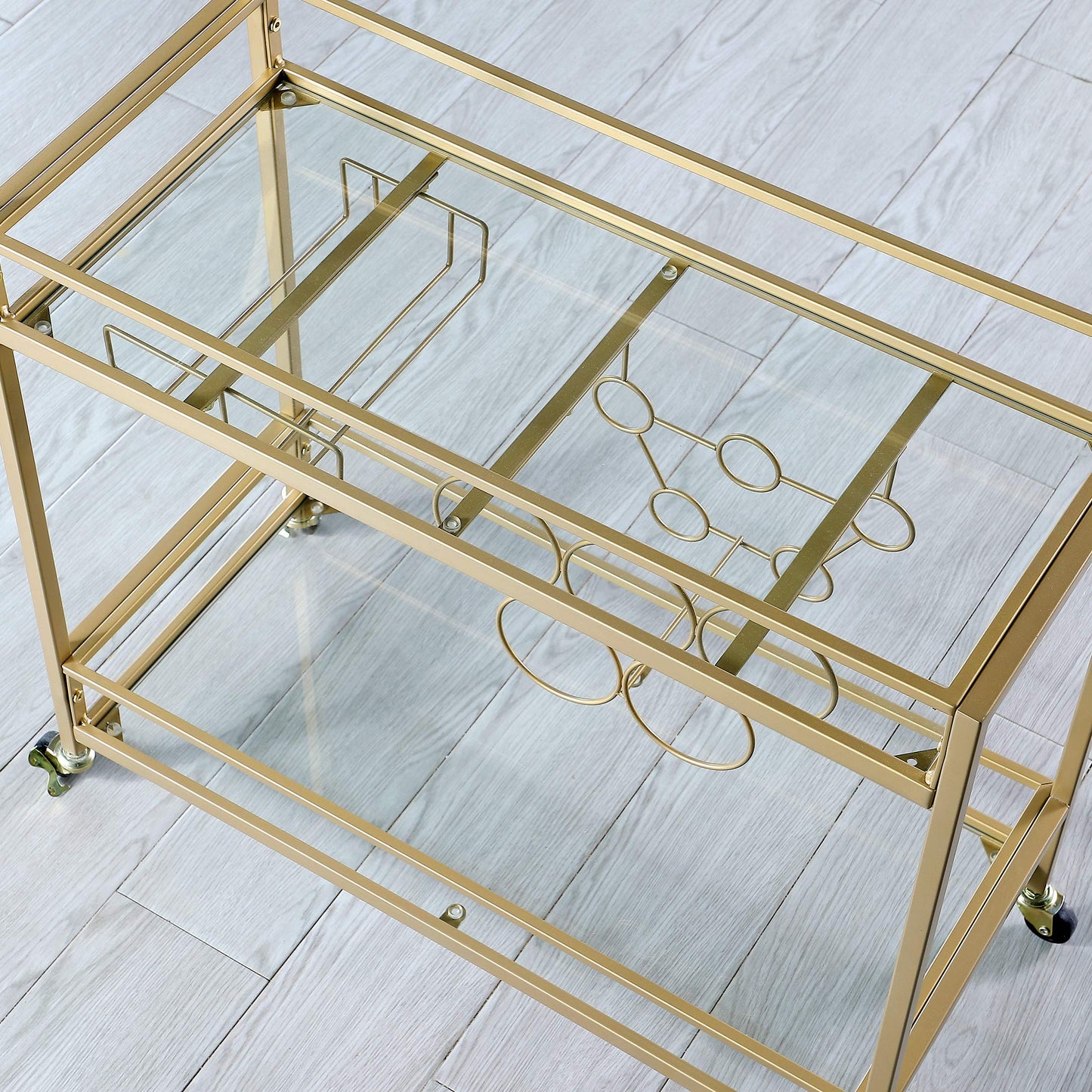 FirsTime & Co. Gold Francesca Bar Cart, 2 Tier Mobile Mini Bar, Kitchen Serving Cart and Coffee Station with Storage for Wine and Glasses, Metal and Glass, Modern