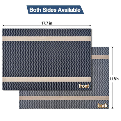SLKQG Blue Placemats Set of 4 - Easy Clean Modern Durable Washable Vinyl Place Mats - Heat Resistant Placemats for Kitchen Table - PVC Table Mats for Dining Table (Blue with Stripes, 4)