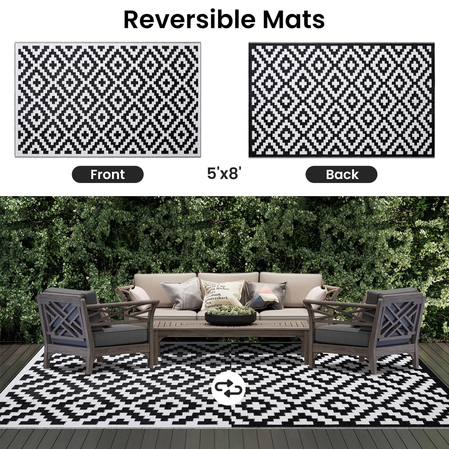 Smiry Waterproof Reversible Outdoor Rug 5x8 ft