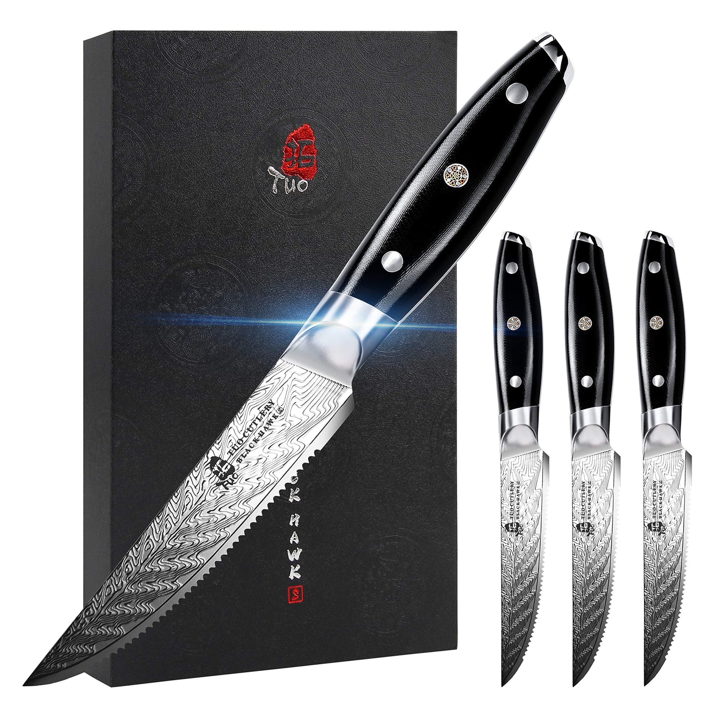 TUO Serrated Steak Set 5'' - Professional Kitchen Steak Knives Set of 4 - Triple Rivet Steak Knives G10 Full Tang Handle - BLACK HAWK S Series