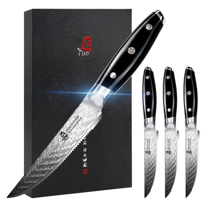TUO Serrated Steak Set 5'' - Professional Kitchen Steak Knives Set of 4 - Triple Rivet Steak Knives G10 Full Tang Handle - BLACK HAWK S Series