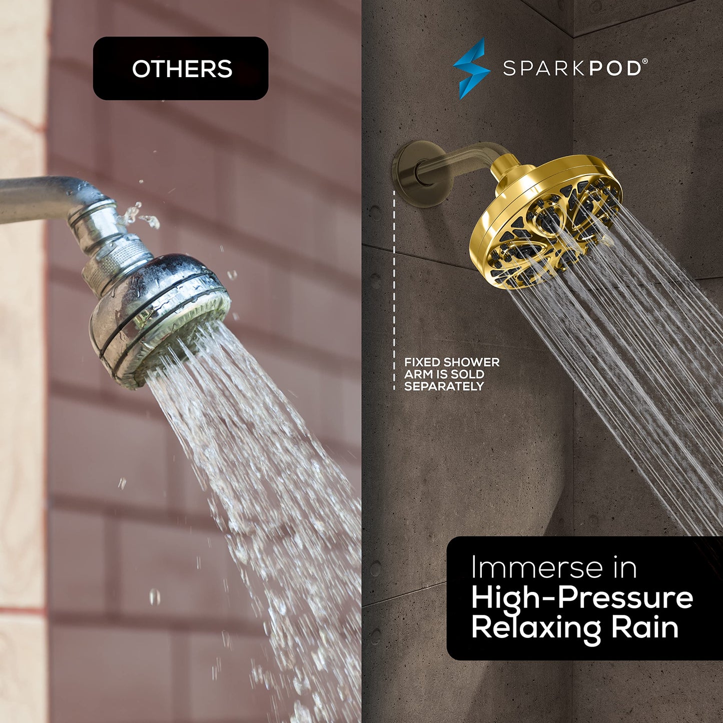 SparkPod Rain Showerhead with 8 Spray Settings - High Pressure Shower Head with Flow Restrictor - 5" High Flow Luxury Shower Heads with Anti-Clog Silicone Nozzles - 1 Minute Installation (Gold)