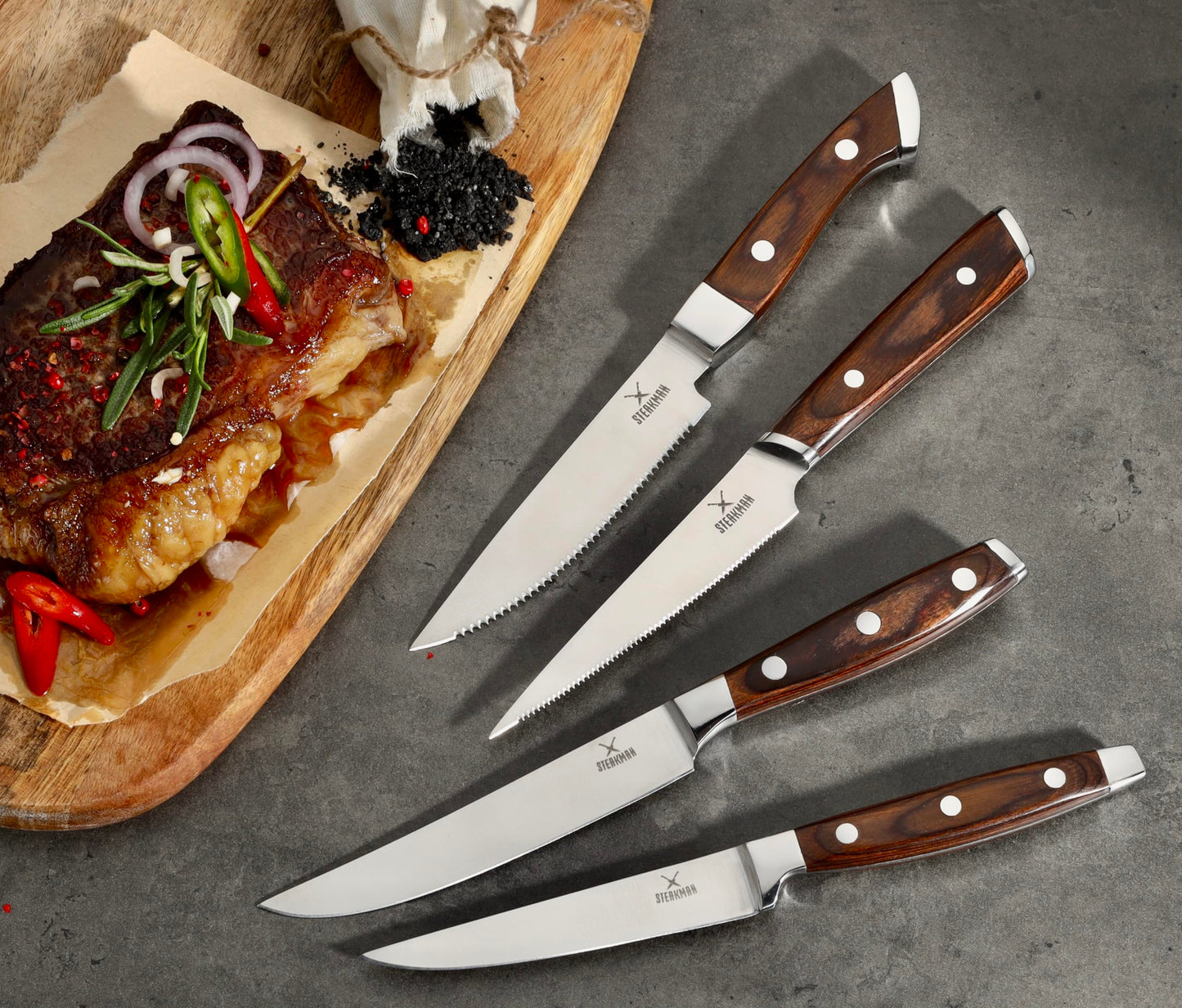 STEAKMAN Multipurpose Knife Set- Steak Knives Box - Unique Present in Wooden Gift Box - Gift Idea for Men Women Wife Husband Dad Mom – Wooden Handles Knives - Gifts for Birthday Anniversary