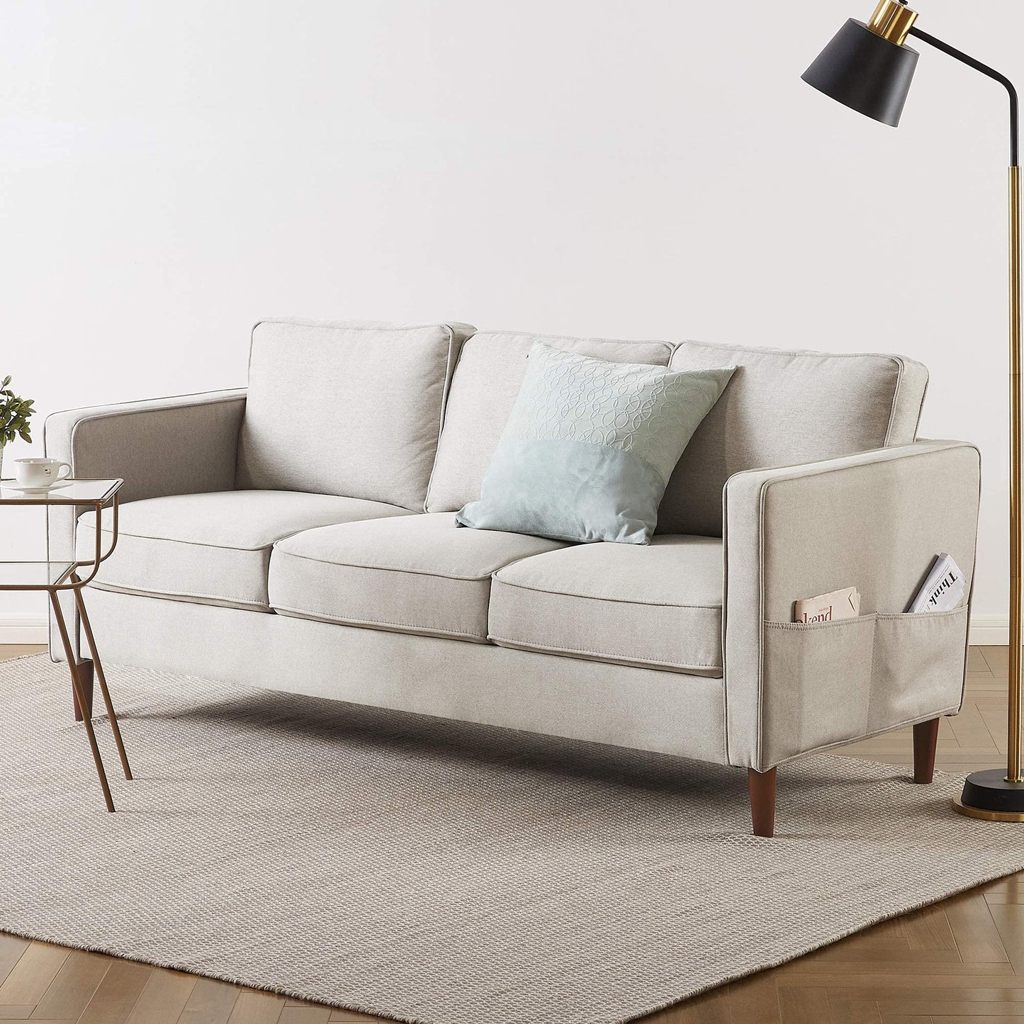Mellow HANA Modern Linen Fabric Loveseat / Sofa / Couch with Armrest Pockets, Sand Grey, 0
