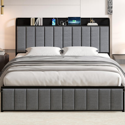 Queen Bed Frame with Upholstered Headboard & Storage