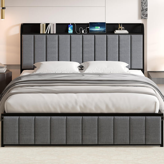 Queen Bed Frame with Upholstered Headboard & Storage