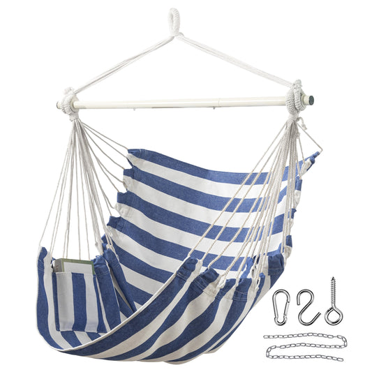 Jelofly Hammock Chair Large Hanging Rope Swing Seat Chair with Pocket Max 350 Lbs Superior Comfortable for Indoor Outdoor Home Bedroom Garden, Seat Cushions Not Included (Blue and White)