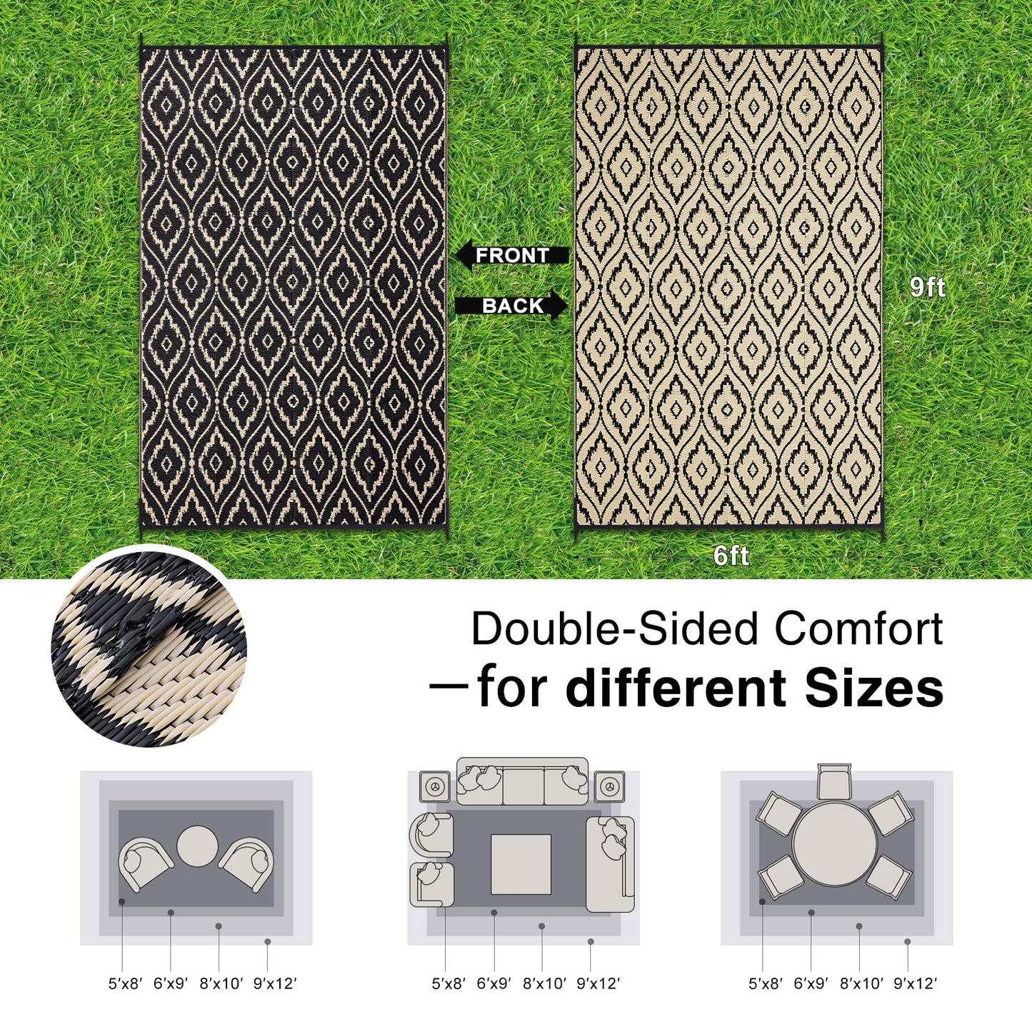 OLANLY Outdoor Rug 6x9 ft Waterproof, Outdoor Plastic Straw Rug with Geometric Pattern Clearance, Reversible RV Mat for Patio, Camping, Balcony, Deck, Backyard, Black & Beige