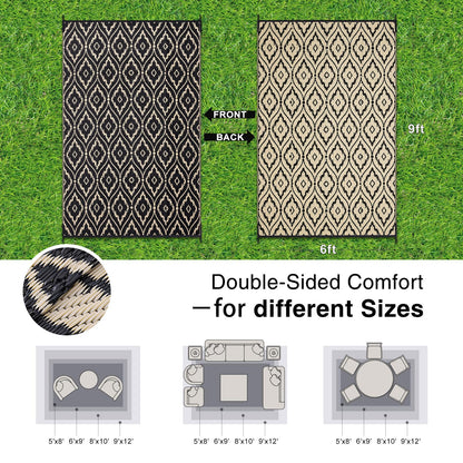 OLANLY Outdoor Rug 6x9 ft Waterproof, Outdoor Plastic Straw Rug with Geometric Pattern Clearance, Reversible RV Mat for Patio, Camping, Balcony, Deck, Backyard, Black & Beige
