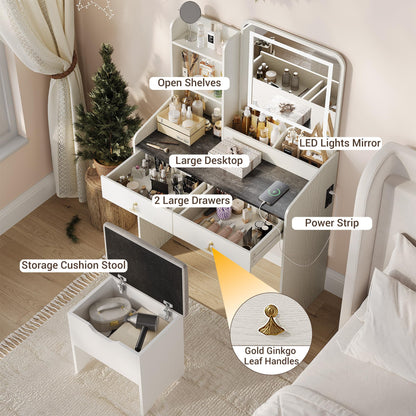 Vanity Desk with LED Mirror and Charging Station