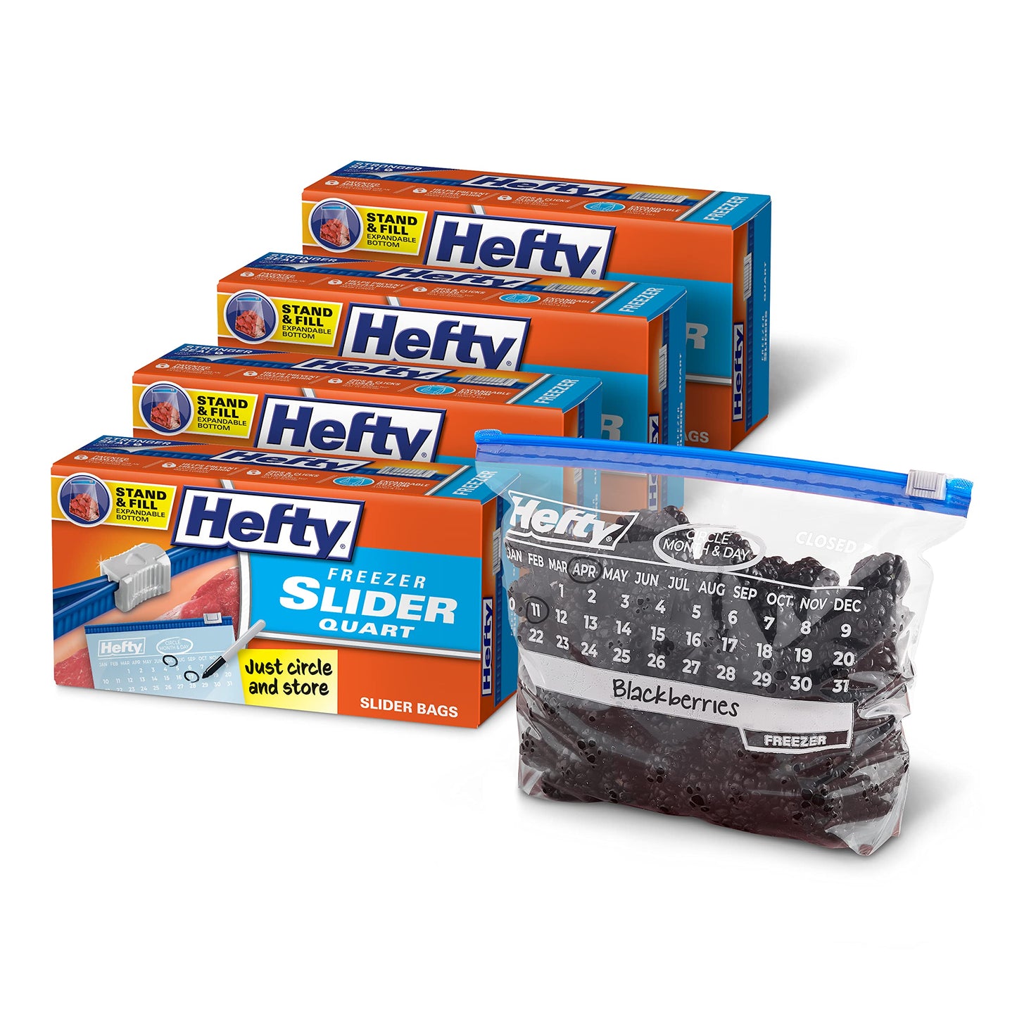 Hefty Calendar Slider Quart Freezer Bags, 1 Quart Slider Bags, Stand and Fill Expandable Bottom, Helps Prevent Freezer Burn, Freezer Bags Quart Size, 140 Total Bags, 35 Count (Pack of 4)