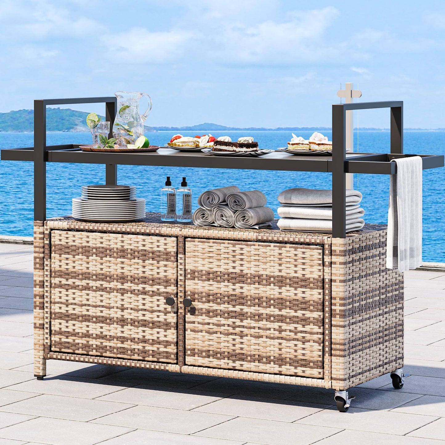 YITAHOME Outdoor Kitchen Rolling Cart with Glass Top