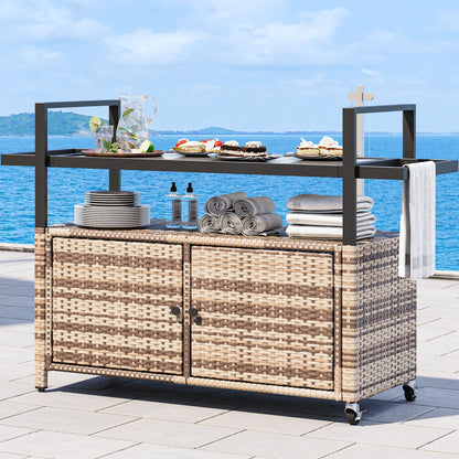 YITAHOME Outdoor Kitchen Rolling Cart with Glass Top