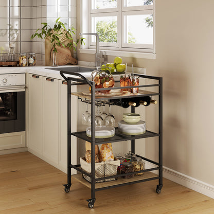 Tajsoon 3-Tier Bar Cart, Mobile Bar Serving Cart, Industrial Style Wine Cart for Kitchen, Beverage Cart with Wine Rack and Glass Holder, Rolling Drink Trolley for Living Room, Grey & Black