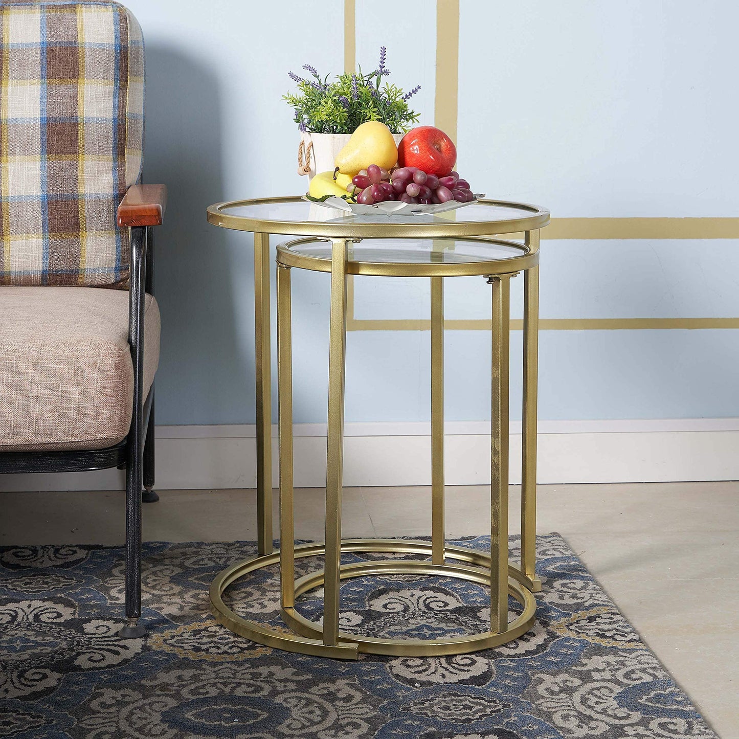 RiteSune Gold Glass Nesting Side End Tables Set of 2, Round Small Stacking Drink Coffee Table for Small Space, Living Room, Bedroom, Christmas, New Year