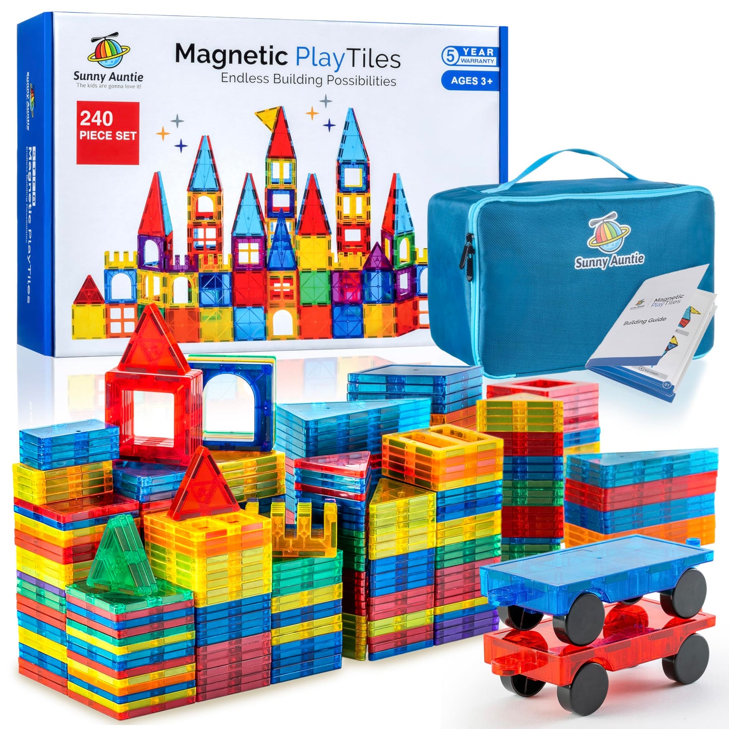 SUNNY AUNTIE Magnetic Tiles 240 PCS+ Bonus Zippered CASE, Magnetic Tiles for Kids Toy for 3 4 5 6 7 8 Year Old Boys & Girls