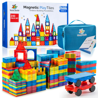 SUNNY AUNTIE Magnetic Tiles 240 PCS+ Bonus Zippered CASE, Magnetic Tiles for Kids Toy for 3 4 5 6 7 8 Year Old Boys & Girls