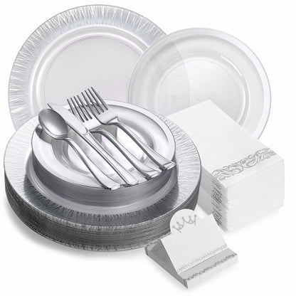 200Pcs Heavy Duty Silver Rimmed Disposable Plates
