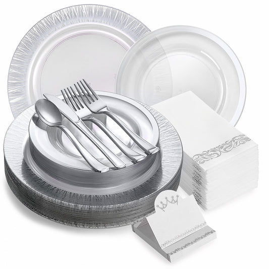 200Pcs Heavy Duty Silver Rimmed Disposable Plates