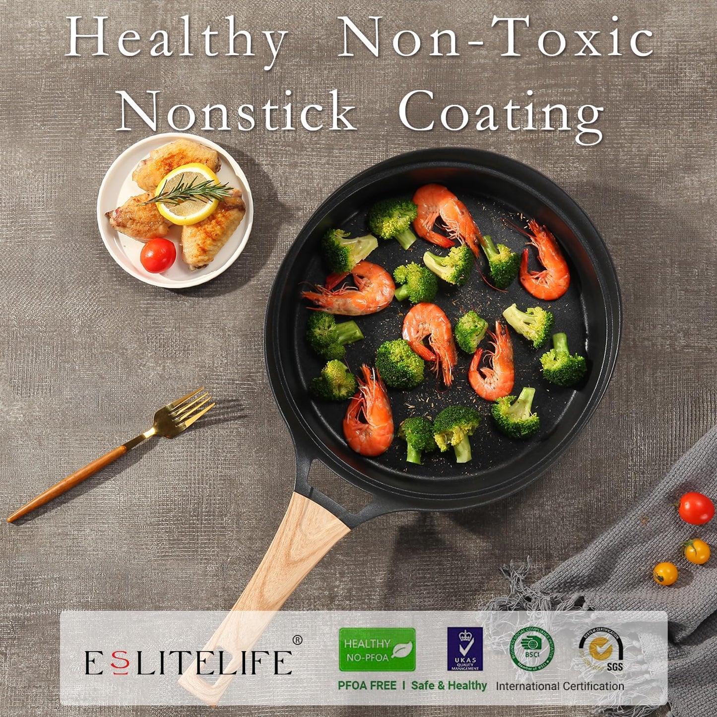 ESLITE LIFE Nonstick Deep Frying Pan Skillet with Lid, Healthy Granite Coating Egg Omelette Pan Stone Cookware Chef's Pan, PFOA Free(Black, 9.5 Inch)