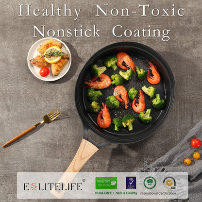 ESLITE LIFE Nonstick Deep Frying Pan Skillet with Lid, Healthy Granite Coating Egg Omelette Pan Stone Cookware Chef's Pan, PFOA Free(Black, 9.5 Inch)