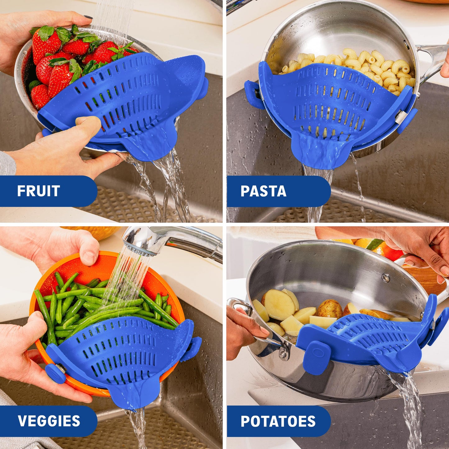 Kitchen Gizmo Snap N' Strain - Silicone Clip-On Colander, Heat Resistant Drainer for Vegetables and Pasta Noodles, Kitchen Gadgets for Bowl, Pots, and Pans - Essential Home Cooking Tools - Blue